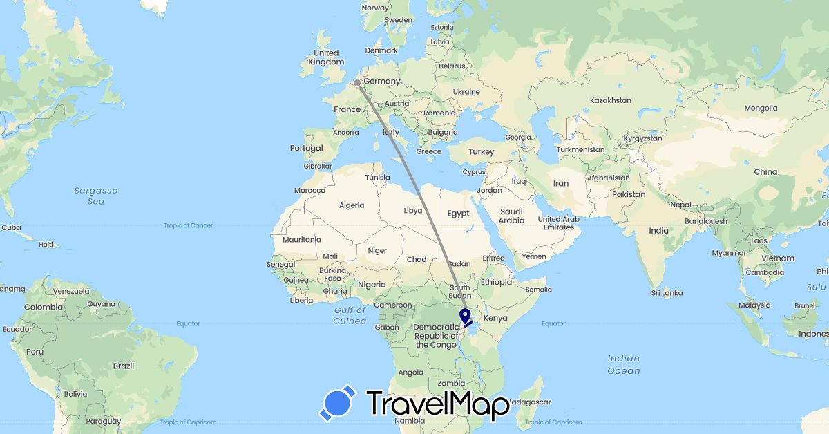 TravelMap itinerary: driving, plane in Belgium, Uganda (Africa, Europe)
